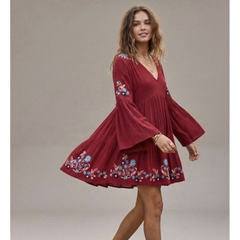 Free People Te Amo Mini Dress Floral Embroidery Red Boho Oversized Flowy Size S